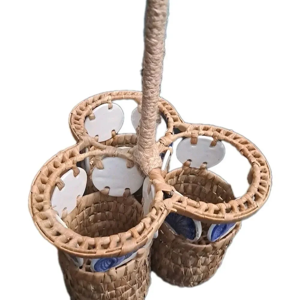 Wicker 3-Bottle Wine Oil Caddy Nautical Seagrass Shell Jute Handle Handmade VTG